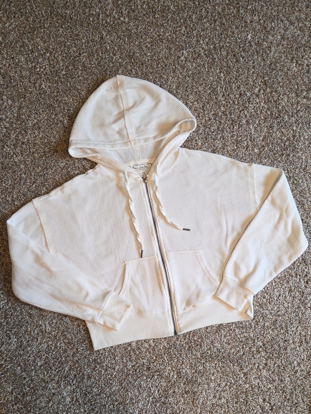Hippie Rose Cream Waffle-Knit Zip Cropped Hoodie